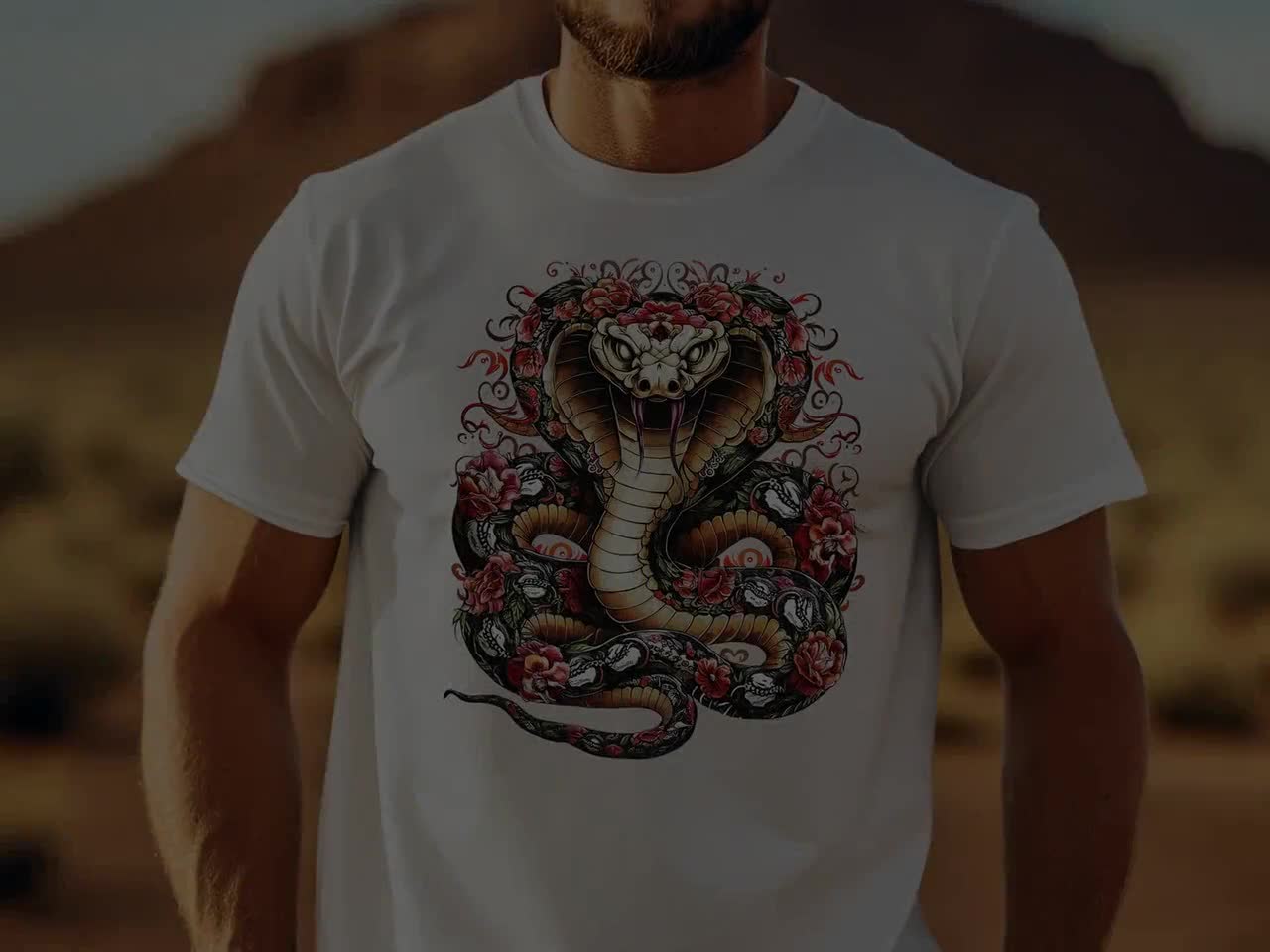 【CPGN STUDIO】Snake Flower Pigment Short Sleeve T-shirt Cobra Snake With Floral Design, Artistic Snake Illustration